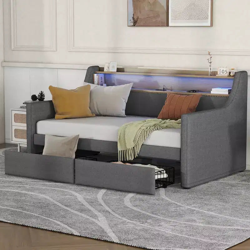 Lit de jour une place avec lit gigogne et tiroirs, avec station de recharge et lumières LED, lits rembourrés pour enfants, adolescents et adultes, gris