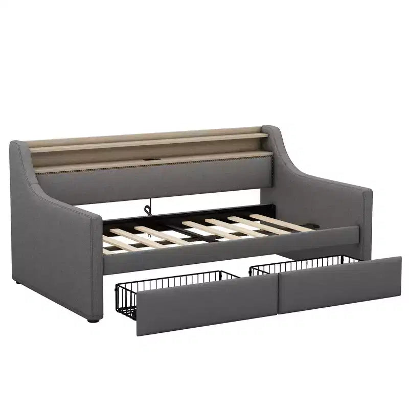 Lit de jour une place avec lit gigogne et tiroirs, avec station de recharge et lumières LED, lits rembourrés pour enfants, adolescents et adultes, gris