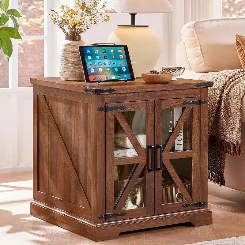 Tables de chevet de style champêtre avec portes de grange en verre, lot de 2, avec station de recharge et étagère réglable