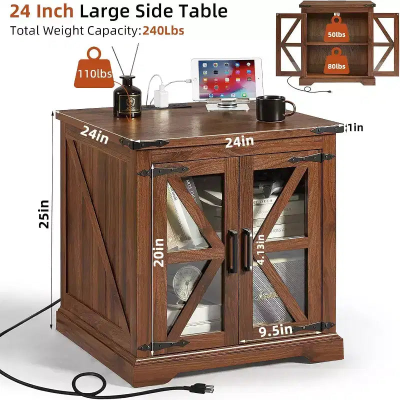 Tables de chevet de style champêtre avec portes de grange en verre, lot de 2, avec station de recharge et étagère réglable