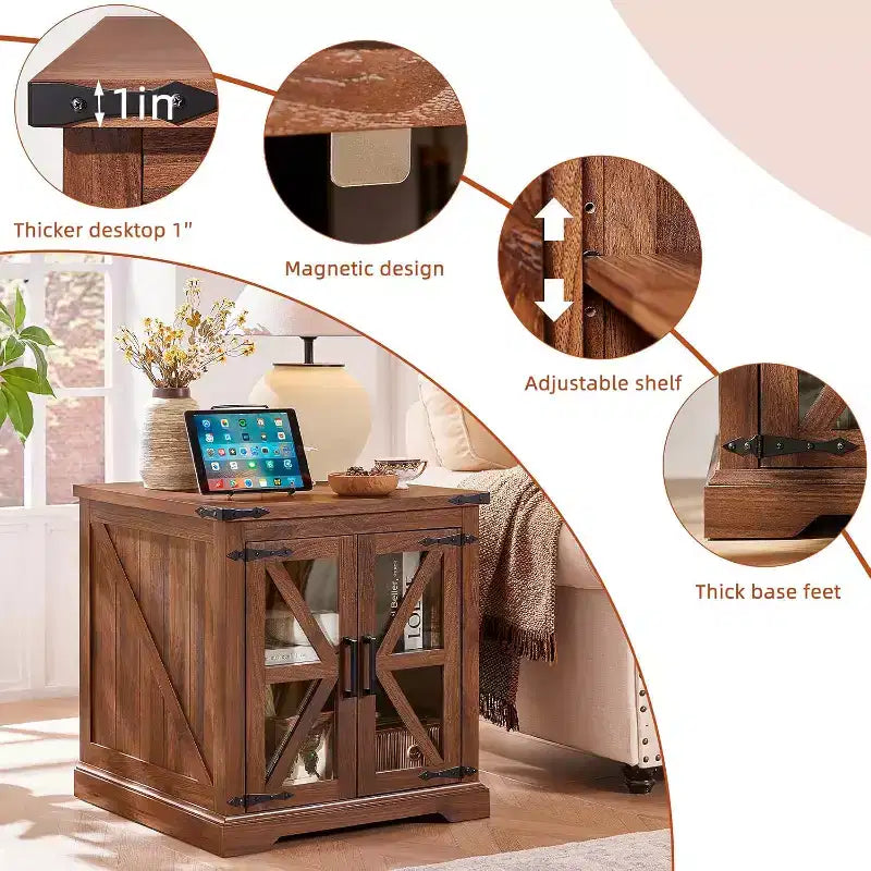 Tables de chevet de style champêtre avec portes de grange en verre, lot de 2, avec station de recharge et étagère réglable