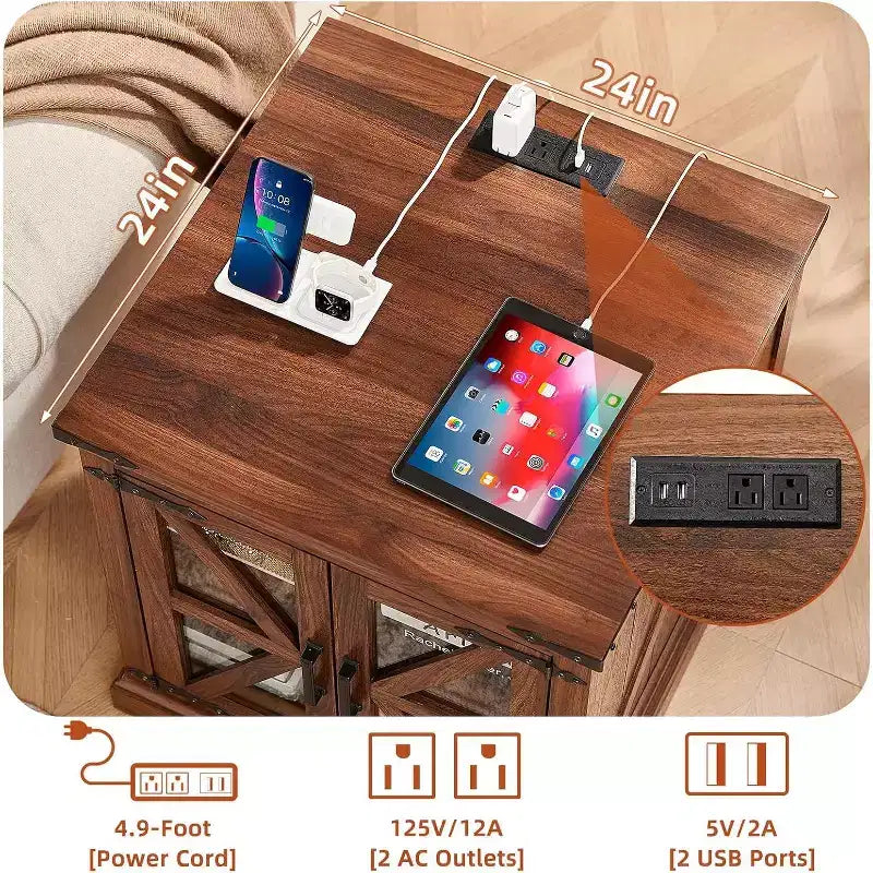 Tables de chevet de style champêtre avec portes de grange en verre, lot de 2, avec station de recharge et étagère réglable