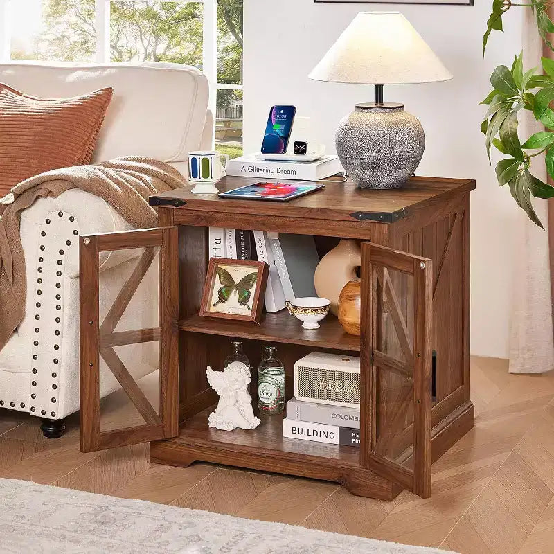 Tables de chevet de style champêtre avec portes de grange en verre, lot de 2, avec station de recharge et étagère réglable
