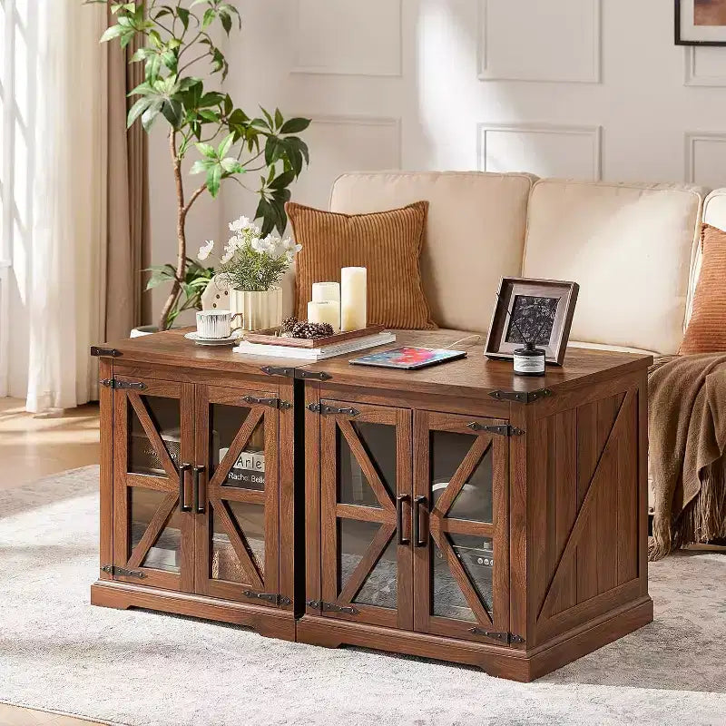Tables de chevet de style champêtre avec portes de grange en verre, lot de 2, avec station de recharge et étagère réglable