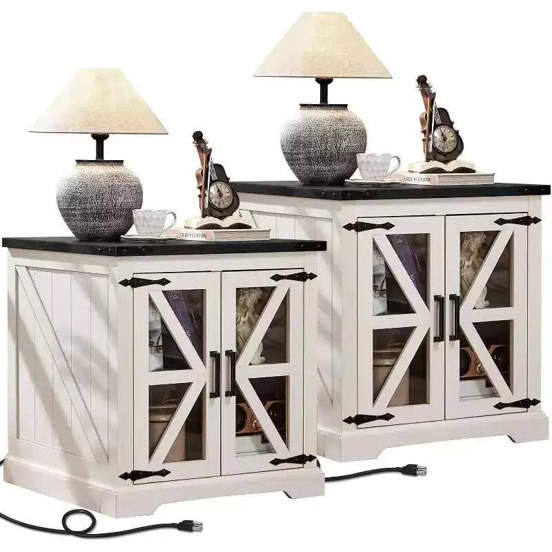 Tables de chevet de style champêtre avec portes de grange en verre, lot de 2, avec station de recharge et étagère réglable