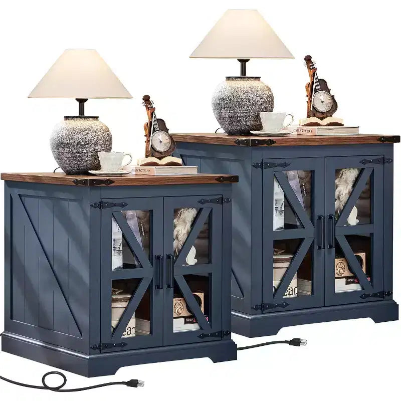 Tables de chevet de style champêtre avec portes de grange en verre, lot de 2, avec station de recharge et étagère réglable