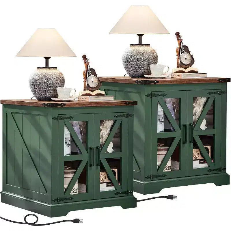 Tables de chevet de style champêtre avec portes de grange en verre, lot de 2, avec station de recharge et étagère réglable