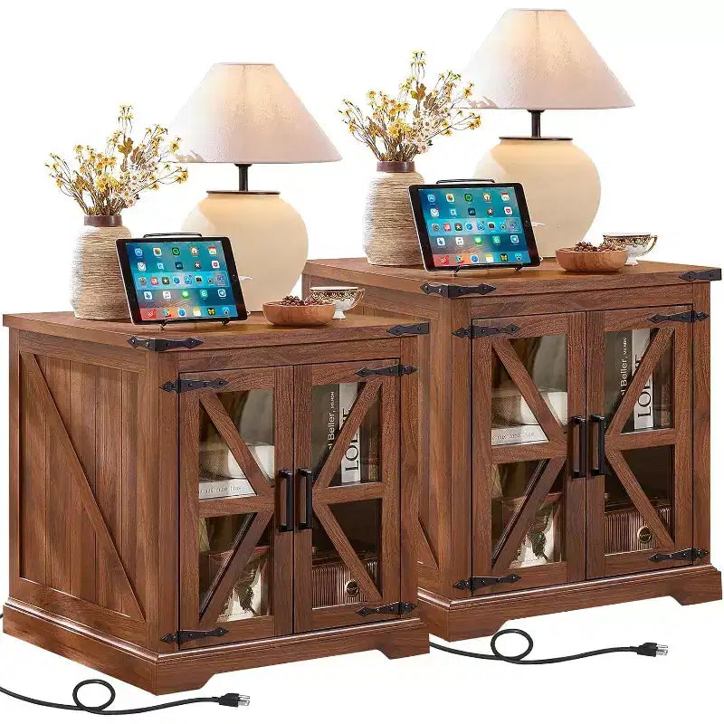 Tables de chevet de style champêtre avec portes de grange en verre, lot de 2, avec station de recharge et étagère réglable