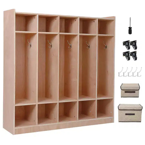 5-Section Wooden Kids Coat Locker Cubby with Hooks, Wheels &amp; Storage Boxes | Daycare &amp; Classroom Storage Solution for Toddlers