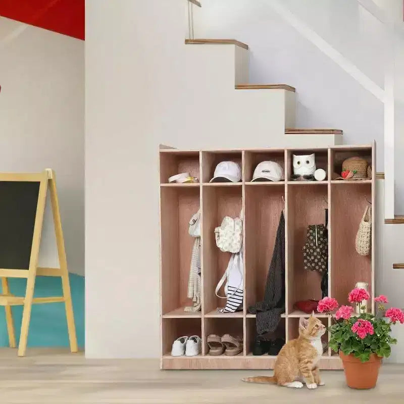 Casier vestiaire en bois à 5 compartiments pour enfants, avec crochets, roulettes et bacs de rangement - Solution de rangement pour garderie et salle de classe, adaptée aux tout-petits