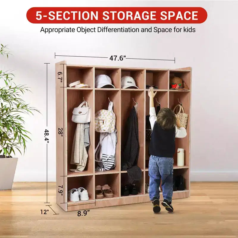 Casier vestiaire en bois à 5 compartiments pour enfants, avec crochets, roulettes et bacs de rangement - Solution de rangement pour garderie et salle de classe, adaptée aux tout-petits