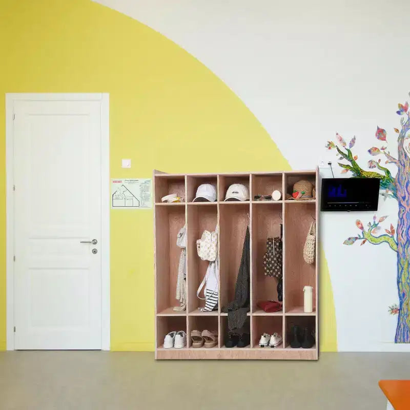 Casier vestiaire en bois à 5 compartiments pour enfants, avec crochets, roulettes et bacs de rangement - Solution de rangement pour garderie et salle de classe, adaptée aux tout-petits