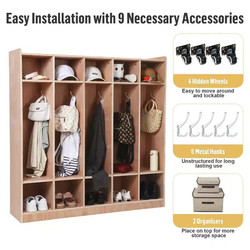 Casier vestiaire en bois à 5 compartiments pour enfants, avec crochets, roulettes et bacs de rangement - Solution de rangement pour garderie et salle de classe, adaptée aux tout-petits