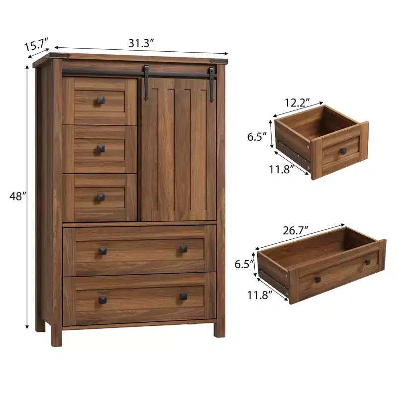 Commode rustique à 5 tiroirs, coffre de rangement en bois de 48 avec porte de grange coulissante et étagère réglable pour la chambre, le salon ou le couloir