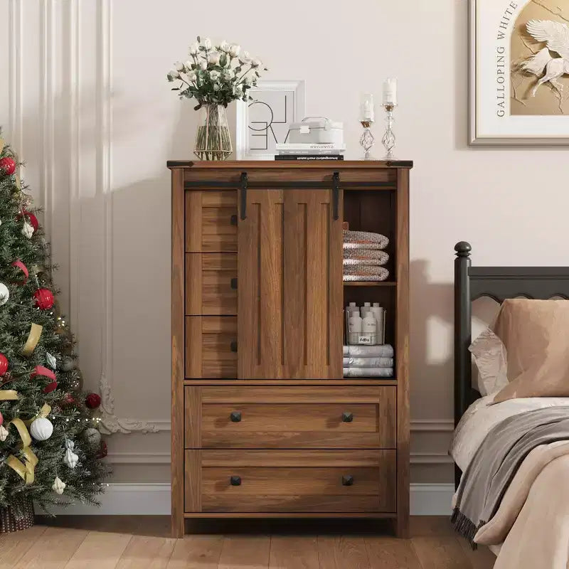 Commode rustique à 5 tiroirs, coffre de rangement en bois de 48 avec porte de grange coulissante et étagère réglable pour la chambre, le salon ou le couloir