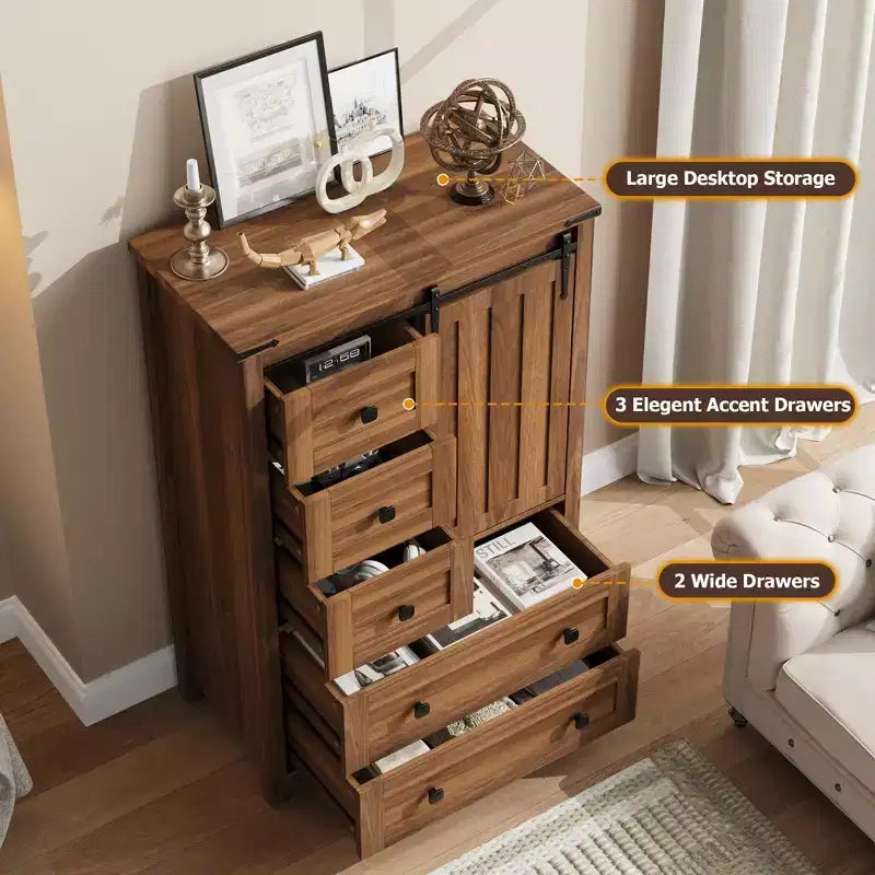 Commode rustique à 5 tiroirs, coffre de rangement en bois de 48 avec porte de grange coulissante et étagère réglable pour la chambre, le salon ou le couloir