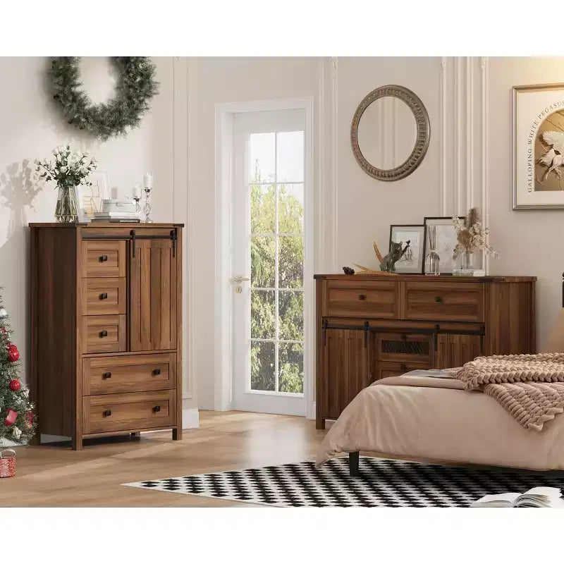 Commode rustique à 5 tiroirs, coffre de rangement en bois de 48 avec porte de grange coulissante et étagère réglable pour la chambre, le salon ou le couloir