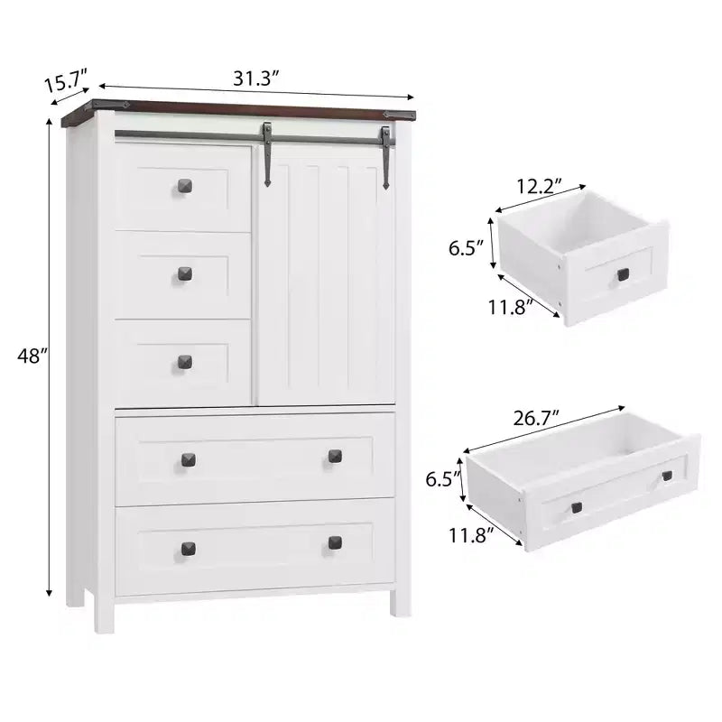 Commode rustique à 5 tiroirs, coffre de rangement en bois de 48 avec porte de grange coulissante et étagère réglable pour la chambre, le salon ou le couloir