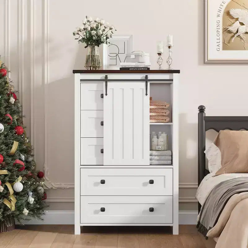 Commode rustique à 5 tiroirs, coffre de rangement en bois de 48 avec porte de grange coulissante et étagère réglable pour la chambre, le salon ou le couloir