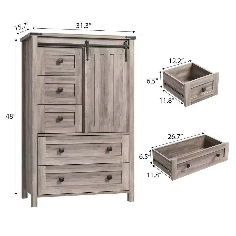 Commode rustique à 5 tiroirs, coffre de rangement en bois de 48 avec porte de grange coulissante et étagère réglable pour la chambre, le salon ou le couloir