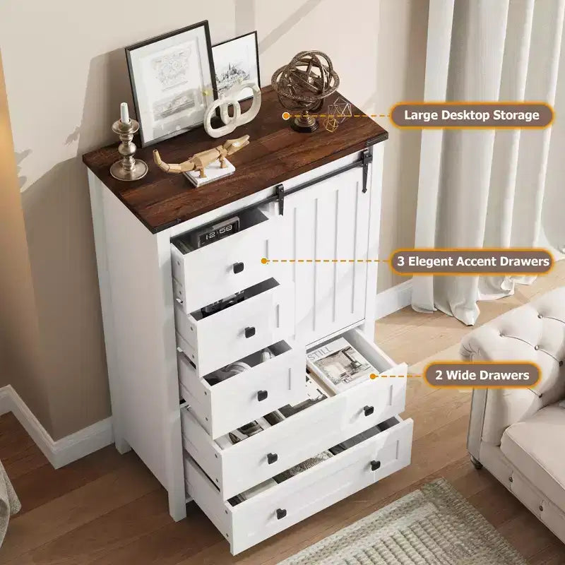 Commode rustique à 5 tiroirs, coffre de rangement en bois de 48 avec porte de grange coulissante et étagère réglable pour la chambre, le salon ou le couloir