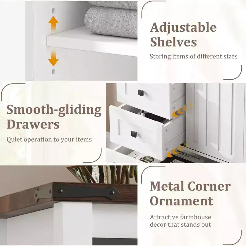Commode rustique à 5 tiroirs, coffre de rangement en bois de 48 avec porte de grange coulissante et étagère réglable pour la chambre, le salon ou le couloir
