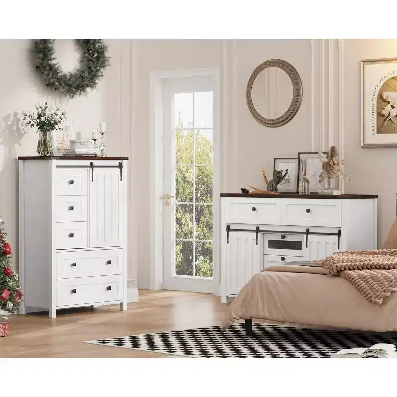 Commode rustique à 5 tiroirs, coffre de rangement en bois de 48 avec porte de grange coulissante et étagère réglable pour la chambre, le salon ou le couloir