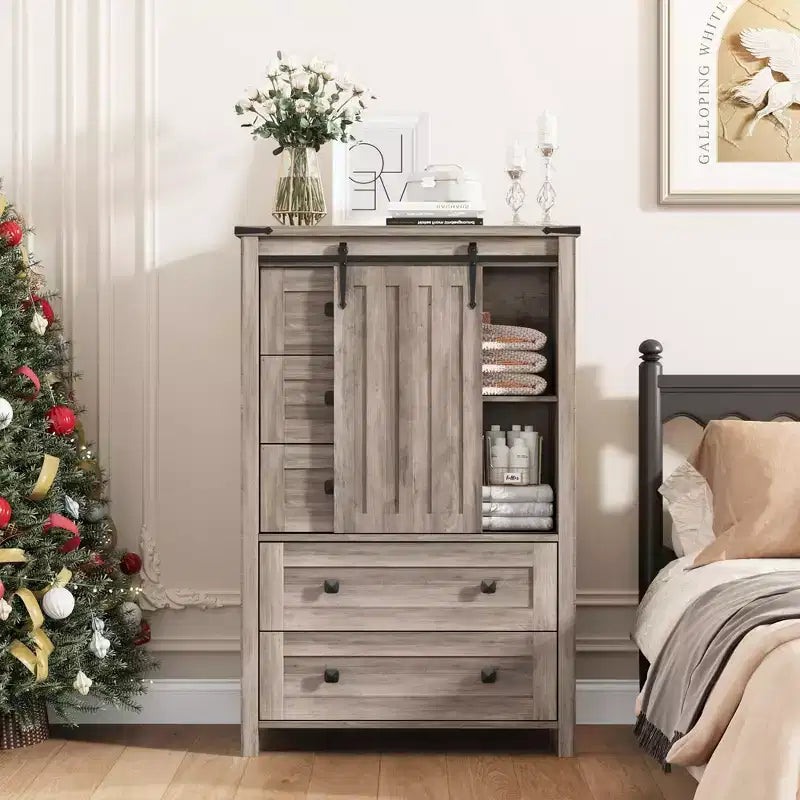 Commode rustique à 5 tiroirs, coffre de rangement en bois de 48 avec porte de grange coulissante et étagère réglable pour la chambre, le salon ou le couloir
