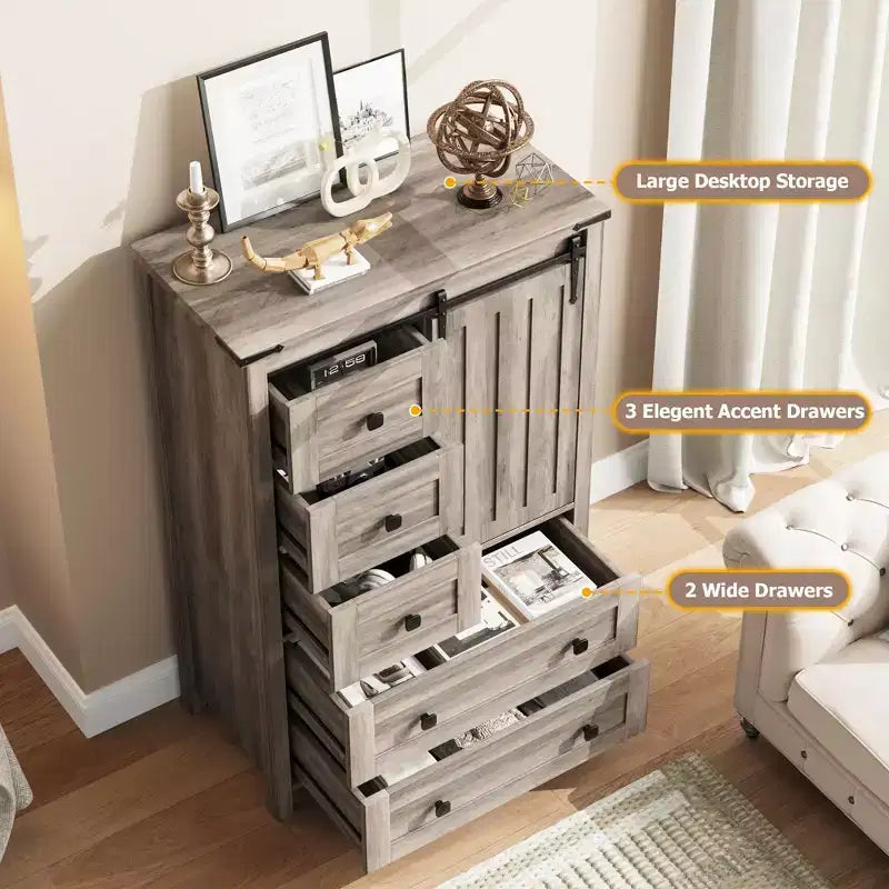 Commode rustique à 5 tiroirs, coffre de rangement en bois de 48 avec porte de grange coulissante et étagère réglable pour la chambre, le salon ou le couloir