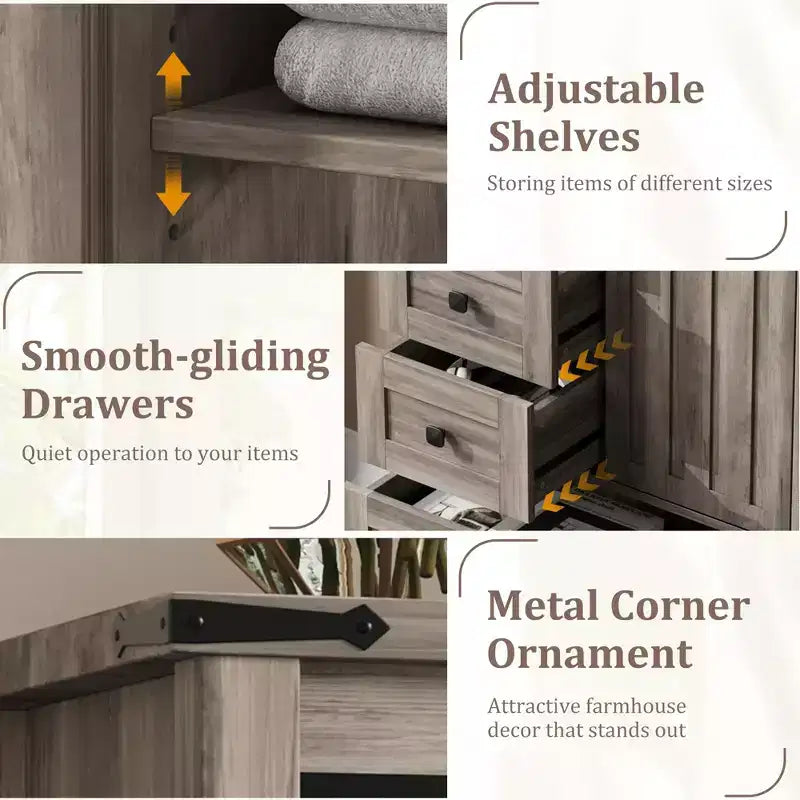 Commode rustique à 5 tiroirs, coffre de rangement en bois de 48 avec porte de grange coulissante et étagère réglable pour la chambre, le salon ou le couloir