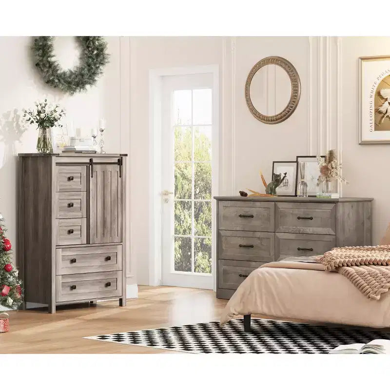 Commode rustique à 5 tiroirs, coffre de rangement en bois de 48 avec porte de grange coulissante et étagère réglable pour la chambre, le salon ou le couloir