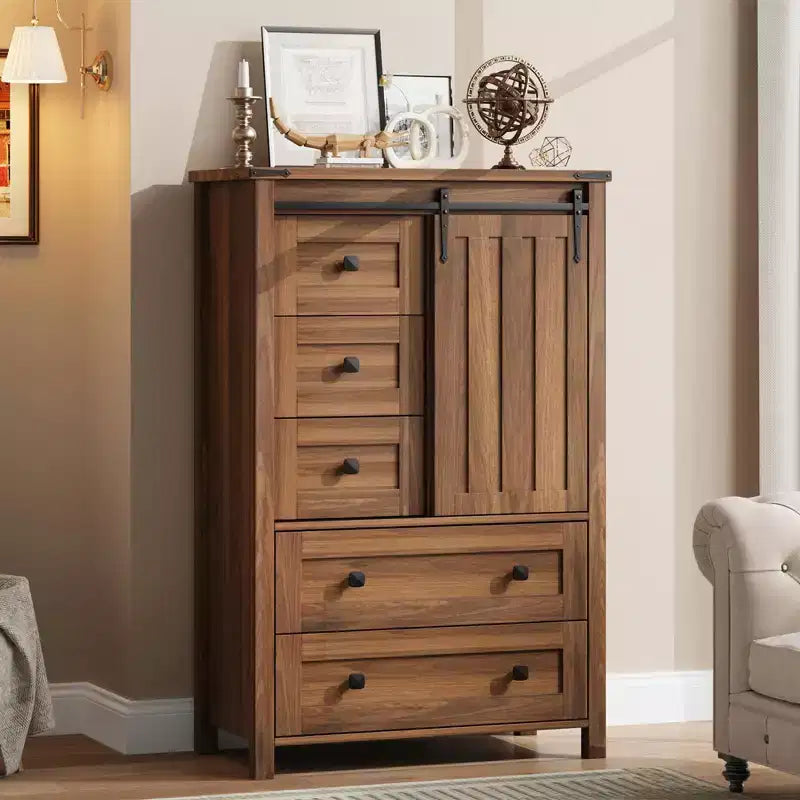 Commode rustique à 5 tiroirs, coffre de rangement en bois de 48 avec porte de grange coulissante et étagère réglable pour la chambre, le salon ou le couloir
