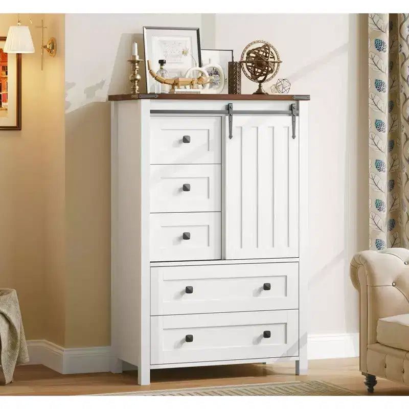 Commode rustique à 5 tiroirs, coffre de rangement en bois de 48 avec porte de grange coulissante et étagère réglable pour la chambre, le salon ou le couloir