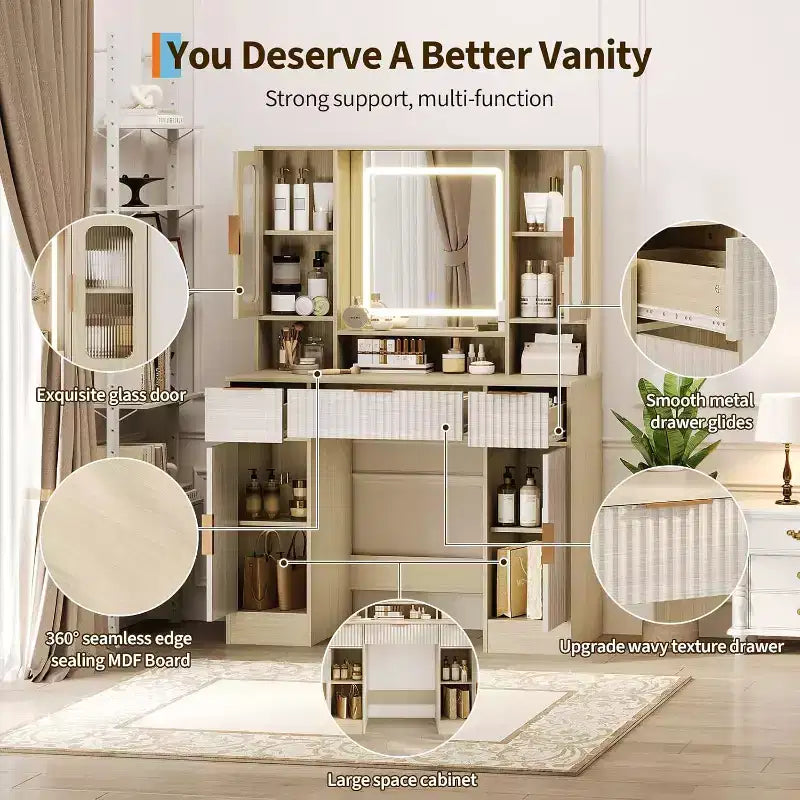 Coiffeuse avec miroir, moderne, pour la chambre, avec 2 armoires vitrées, 2 grandes armoires, 3 tiroirs et des étagères de rangement