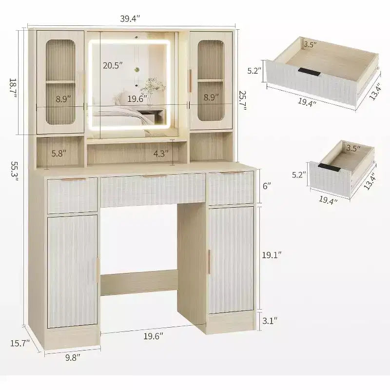 Coiffeuse avec miroir, moderne, pour la chambre, avec 2 armoires vitrées, 2 grandes armoires, 3 tiroirs et des étagères de rangement