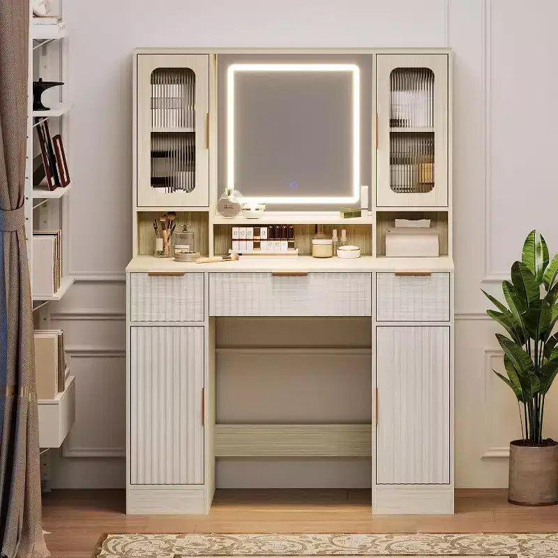 Coiffeuse avec miroir, moderne, pour la chambre, avec 2 armoires vitrées, 2 grandes armoires, 3 tiroirs et des étagères de rangement