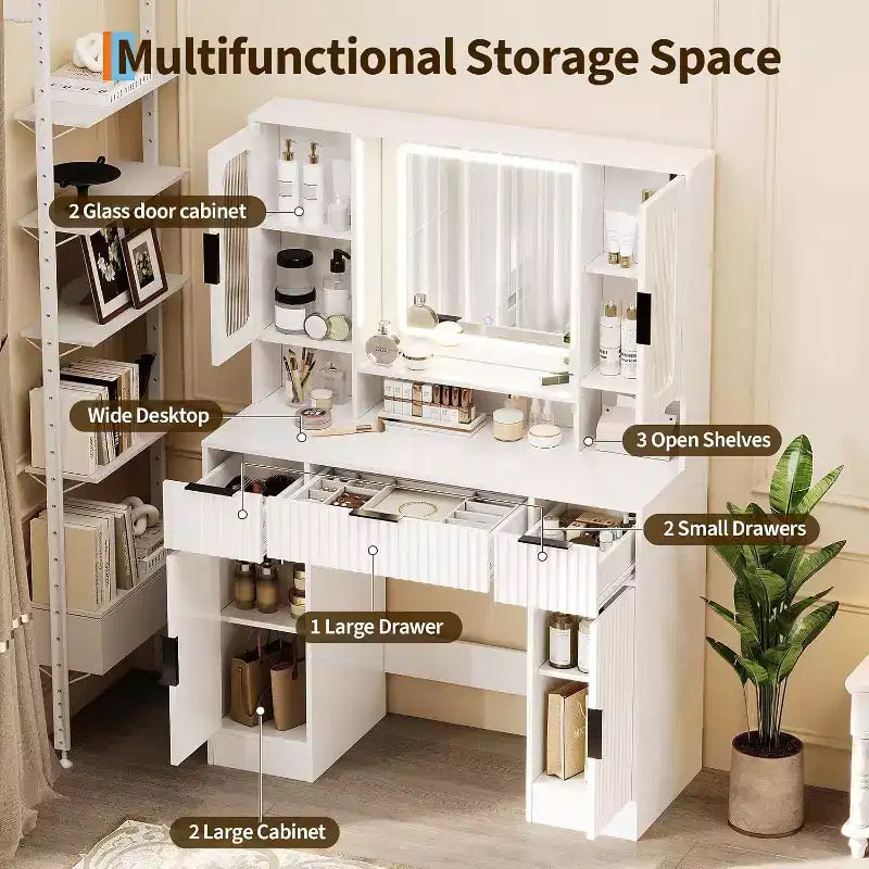 Coiffeuse avec miroir, moderne, pour la chambre, avec 2 armoires vitrées, 2 grandes armoires, 3 tiroirs et des étagères de rangement