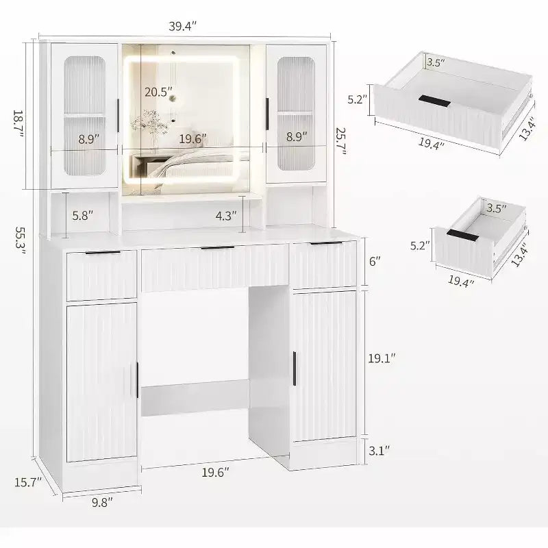 Coiffeuse avec miroir, moderne, pour la chambre, avec 2 armoires vitrées, 2 grandes armoires, 3 tiroirs et des étagères de rangement