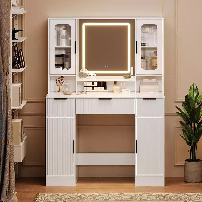 Coiffeuse avec miroir, moderne, pour la chambre, avec 2 armoires vitrées, 2 grandes armoires, 3 tiroirs et des étagères de rangement