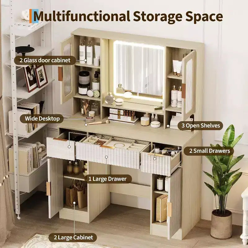 Coiffeuse avec miroir, moderne, pour la chambre, avec 2 armoires vitrées, 2 grandes armoires, 3 tiroirs et des étagères de rangement