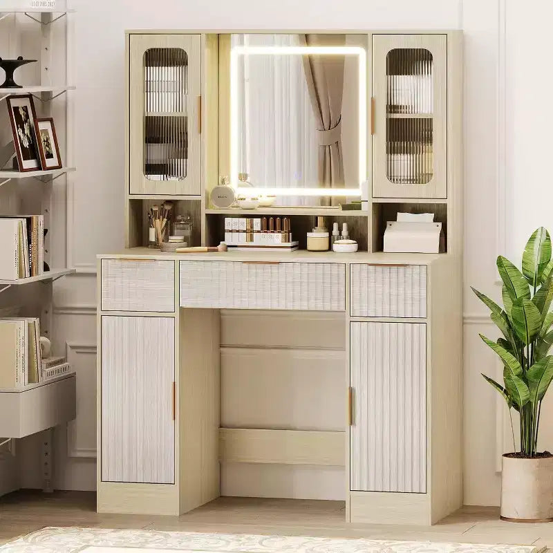 Coiffeuse avec miroir, moderne, pour la chambre, avec 2 armoires vitrées, 2 grandes armoires, 3 tiroirs et des étagères de rangement