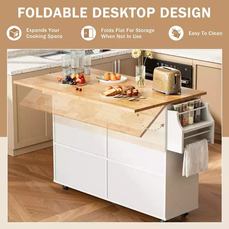 Grand îlot de cuisine de 52 avec tablette rabattable, 2 tiroirs et 2 armoires de rangement