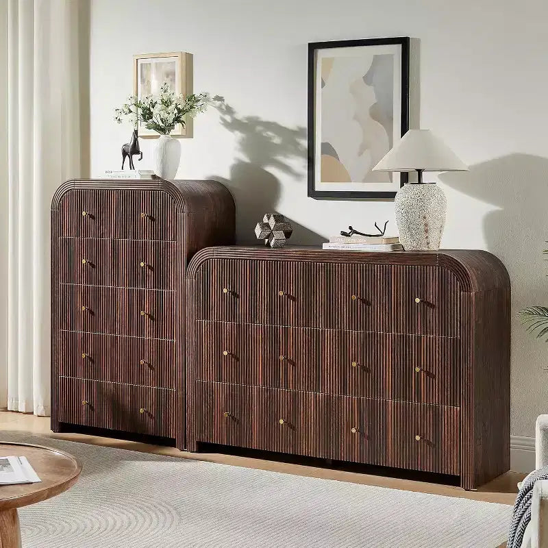 Commode à 5 tiroirs au profil incurvé épais et cannelé, 48 de haut, en bois, armoire à vêtements