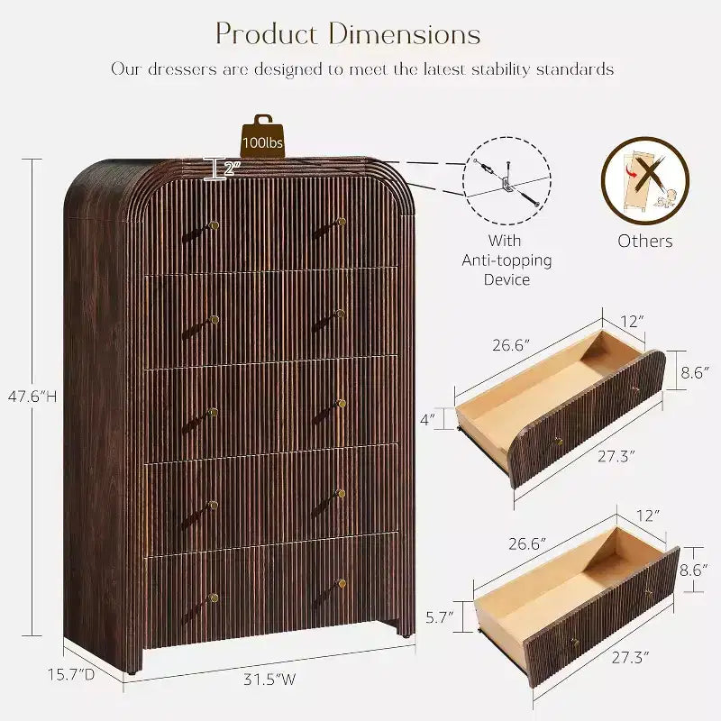 Commode à 5 tiroirs au profil incurvé épais et cannelé, 48 de haut, en bois, armoire à vêtements