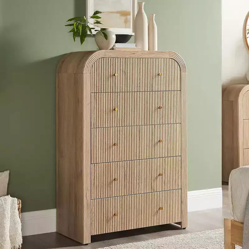 Commode à 5 tiroirs au profil incurvé épais et cannelé, 48 de haut, en bois, armoire à vêtements