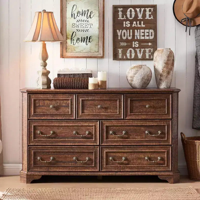 Commode rustique vintage à 7 tiroirs pour la chambre ou le salon, avec rangement