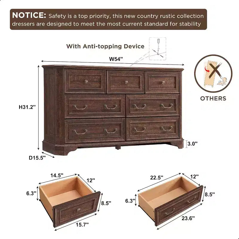 Commode rustique vintage à 7 tiroirs pour la chambre ou le salon, avec rangement