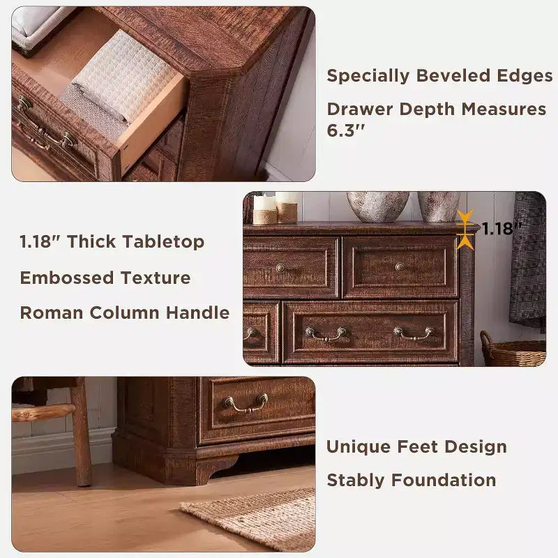 Commode rustique vintage à 7 tiroirs pour la chambre ou le salon, avec rangement