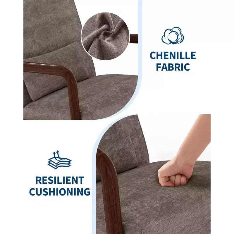 Sillón decorativo moderno de mediados de siglo con cojín lumbar, tapizado de chenilla y estructura de madera maciza