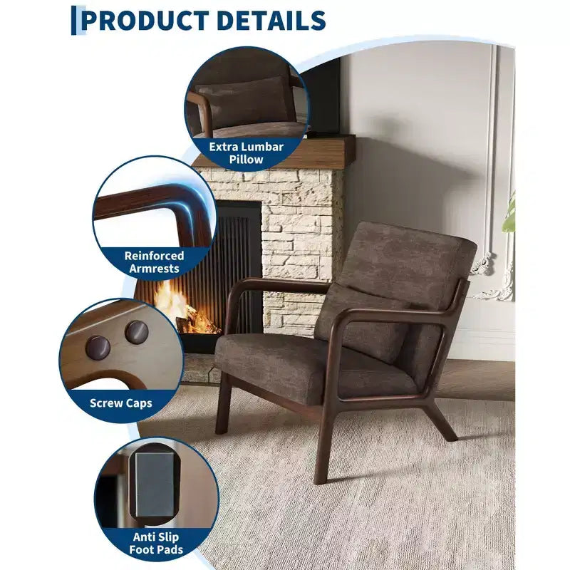 Sillón decorativo moderno de mediados de siglo con cojín lumbar, tapizado de chenilla y estructura de madera maciza